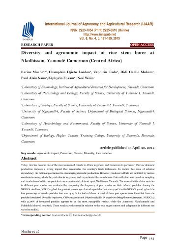 Diversity and agronomic impact of rice stem borer at Nkolbisson, Yaoundé-Cameroon (Central Africa)