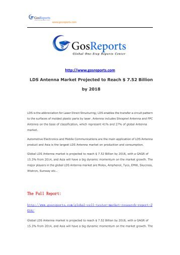 LDS Antenna Market Projected to Reach $ 7.52 Billion by 2018