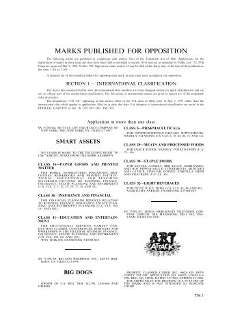 MARKS PUBLISHED FOR OPPOSITION