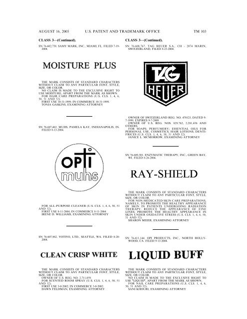 MARKS PUBLISHED FOR OPPOSITION