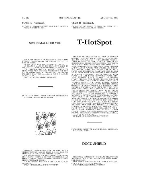 MARKS PUBLISHED FOR OPPOSITION