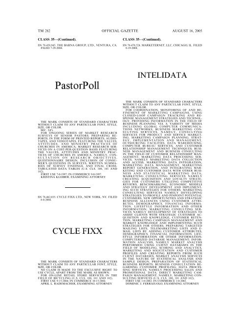 MARKS PUBLISHED FOR OPPOSITION