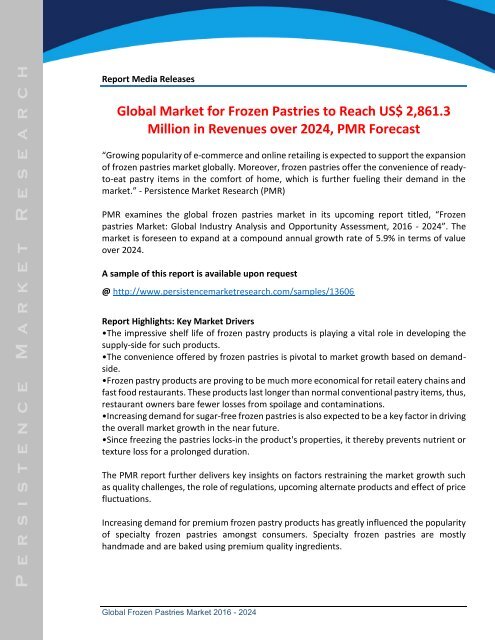 Frozen Pastries Market is Expected To Reach US$ 2,861.3 Million by the End of 2024