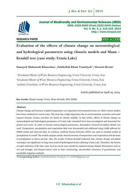 Evaluation of the effects of climate change on meteorological and hydrological parameters using climatic models and Mann – Kendall test (case study: Urmia Lake)
