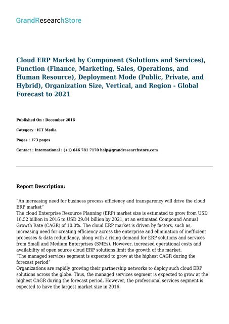 Cloud ERP Market by Component, Function, Deployment Mode, Organization Size, Vertical, and Region - Global Forecast to 2021