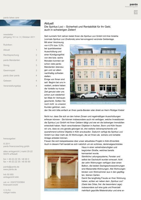 Ausgabe 3 - 10/2011 - Die Spiritus Loci - pards finanzcoaching GmbH