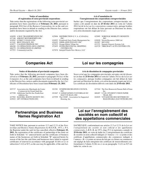 Loi sur les compagnies Companies Act - Gouvernement du ...