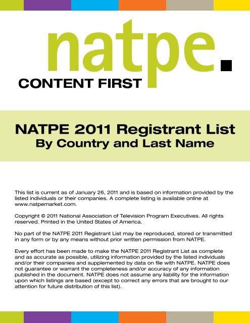 NATPE 2011 Registrants [List By Country and Last - NATPE Market ...