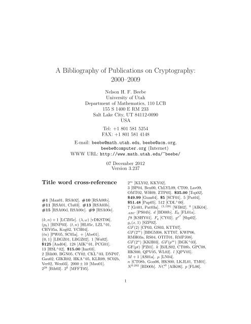A Bibliography of Publications on Cryptography: 2000â€“2009