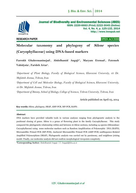 Molecular taxonomy and phylogeny of Silene species (Caryophyllaceae) using DNA-based markers