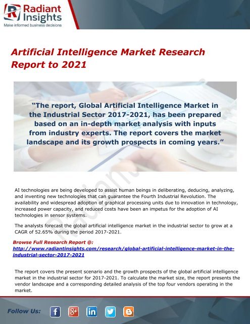 Artificial Intelligence Market Growth Forecast Analysis, Regions and Type to 2021 by Radiant Insights,Inc