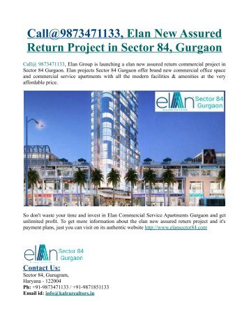 Call@9873471133, Elan Assured Return Project Sector 84 Gurgaon