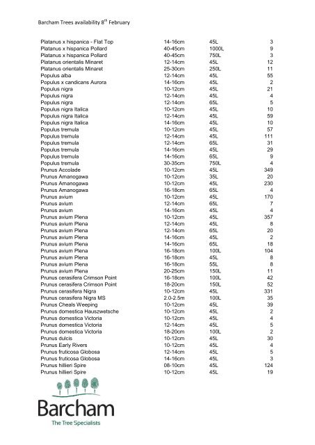 Barcham Trees availability 8 February