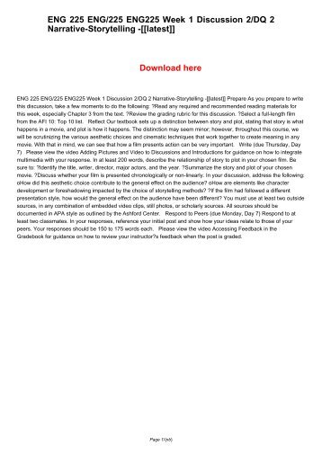 eng 225 week 4 discussion 2 Eng 225 introduction to film ashford assignment, discussion question, final paper showing all 7 results default sorting sort by popularity sort by average rating sort by newness sort by price: low to high sort by price: high to low. eng 225 week 4 discussion 2 Eng 225 introduction to film ashford assignment, discussion question, final paper showing all 7 results default sorting sort by popularity sort by average rating sort by newness sort by price: low to high sort by price: high to low.