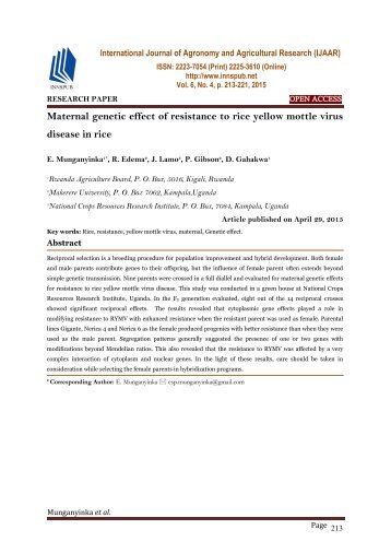 Maternal genetic effect of resistance to rice yellow mottle virus disease in rice