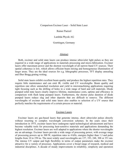 Comparison Excimer Laser – Solid State Laser Rainer ... - Coherent