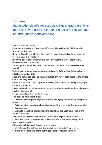 ANOVA Article Critique Read the article "Cognitive Effects of Risperidone in Children with Autism and Irritable Behavior",