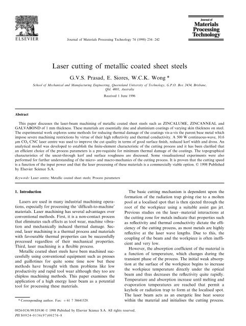 Laser cutting of metallic coated sheet steels - World Lasers, Inc.