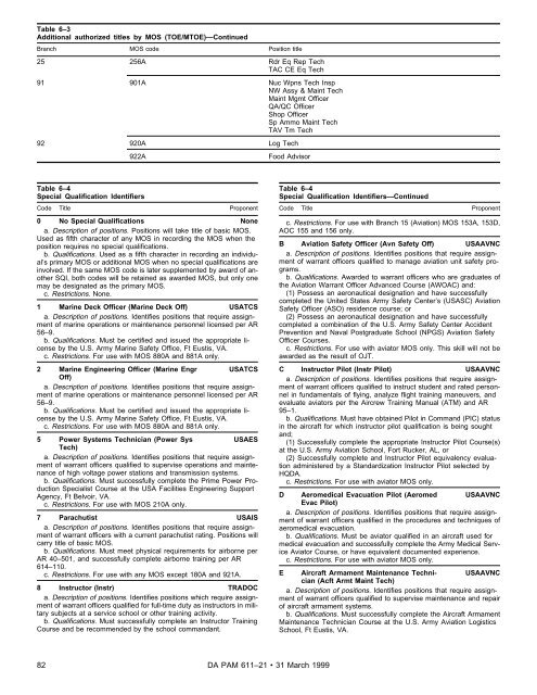 Military Occupational Classification and Structure - U.S. Army