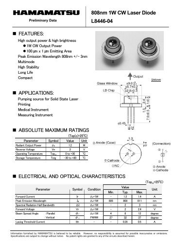 808nm 1W CW Laser Diode L8446-04 - Hamamatsu Photonics