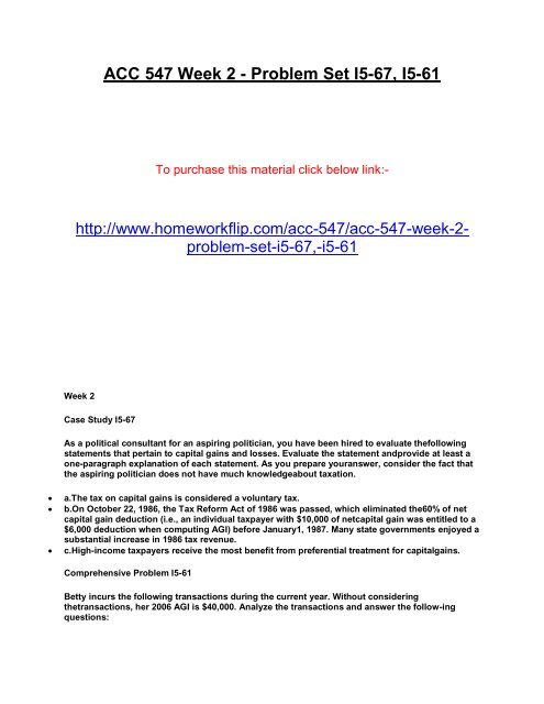 ACC 547 Week 2 - Problem Set I5-67, I5-61