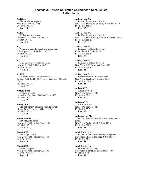 Thomas A Edison Collection Of American Sheet Music Author Index 1