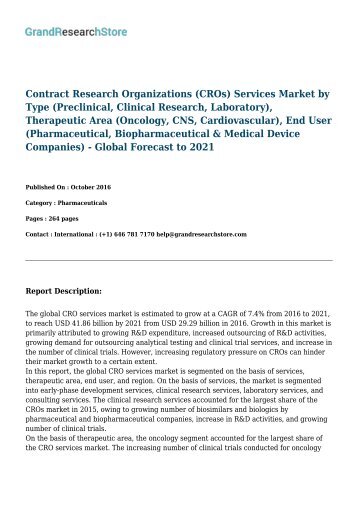 Contract Research Organizations (CROs) Services Market - Global Forecast to 2021