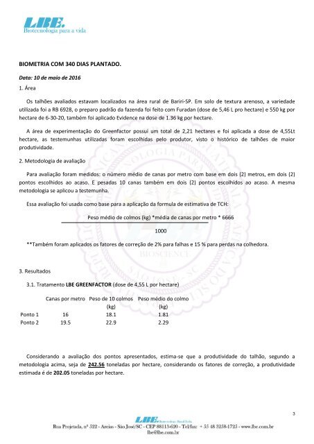 Avaliação do produto Greenfactor da LBE para suprimento equilibrado de Nitrogênio na cultura da Cana de Açúcar 