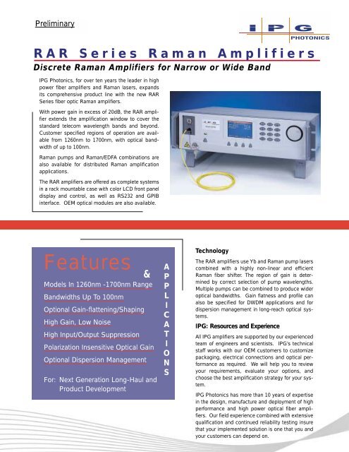 RAR Series Raman Amplifiers - IPG Photonics