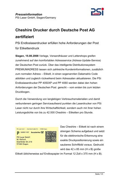 Cheshire Drucker durch Deutsche Post AG zertifiziert