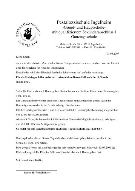 Brief Hitzefrei Grundschule Pestalozzischule Ingelheim