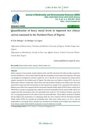 Quantification of heavy metal levels in imported rice (Oryza sativa) consumed in the Northern Parts of Nigeria