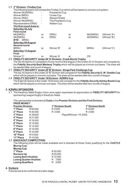 KZNRU FIXTURE HANDBOOK FOR 2016 SEASON