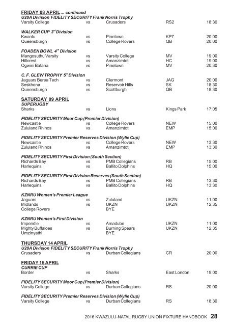 KZNRU FIXTURE HANDBOOK FOR 2016 SEASON