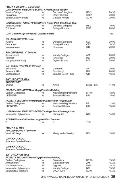 KZNRU FIXTURE HANDBOOK FOR 2016 SEASON