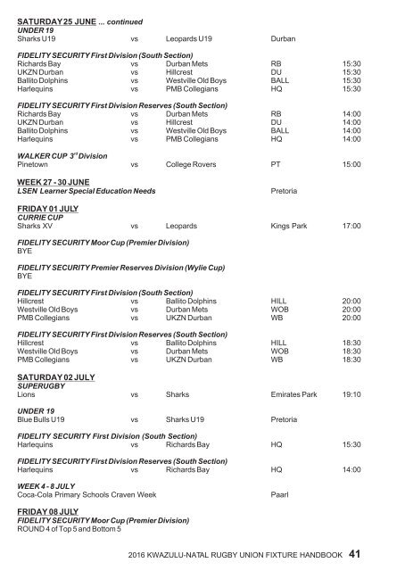 KZNRU FIXTURE HANDBOOK FOR 2016 SEASON