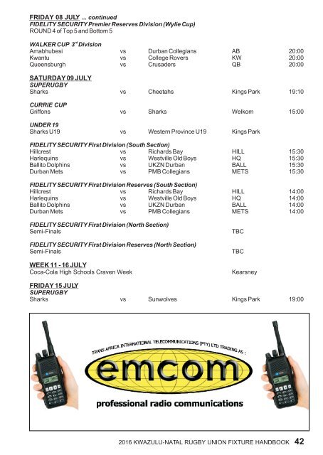 KZNRU FIXTURE HANDBOOK FOR 2016 SEASON