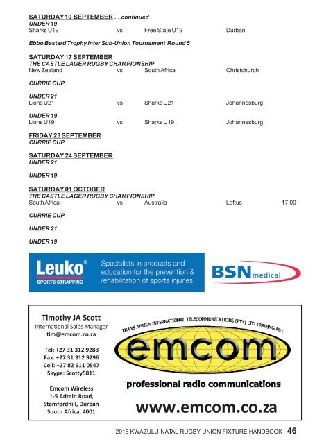 KZNRU FIXTURE HANDBOOK FOR 2016 SEASON