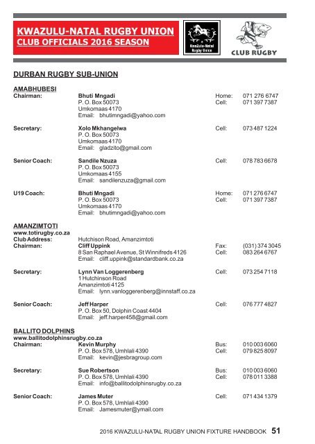 KZNRU FIXTURE HANDBOOK FOR 2016 SEASON