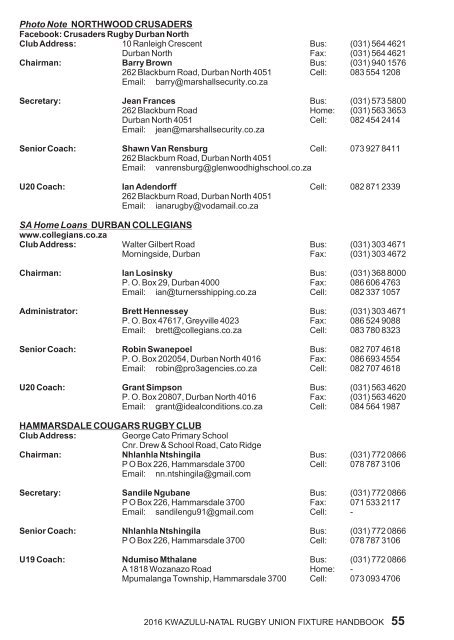 KZNRU FIXTURE HANDBOOK FOR 2016 SEASON