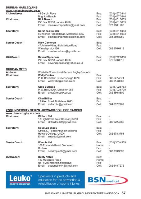 KZNRU FIXTURE HANDBOOK FOR 2016 SEASON