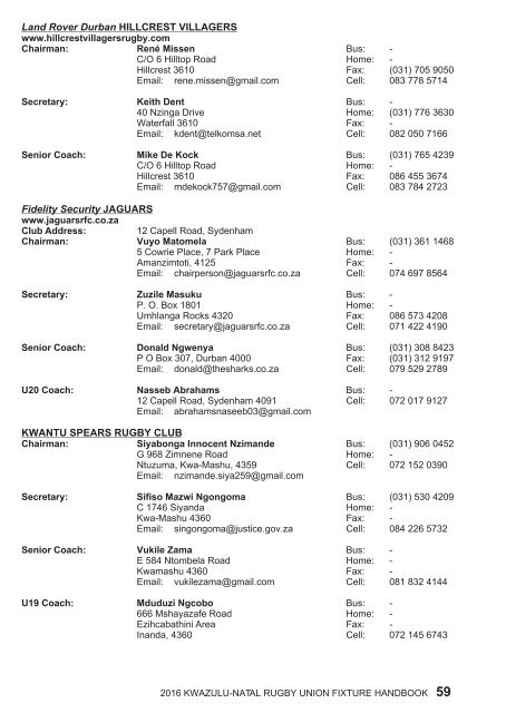 KZNRU FIXTURE HANDBOOK FOR 2016 SEASON