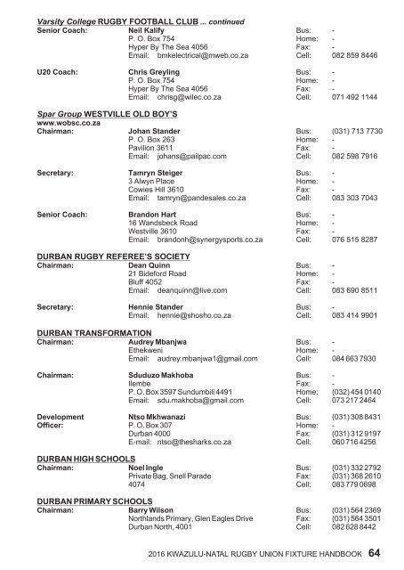 KZNRU FIXTURE HANDBOOK FOR 2016 SEASON