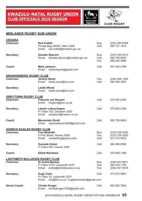 KZNRU FIXTURE HANDBOOK FOR 2016 SEASON