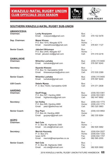 KZNRU FIXTURE HANDBOOK FOR 2016 SEASON