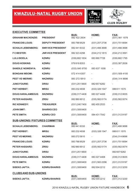 KZNRU FIXTURE HANDBOOK FOR 2016 SEASON