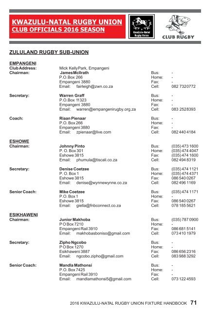 KZNRU FIXTURE HANDBOOK FOR 2016 SEASON