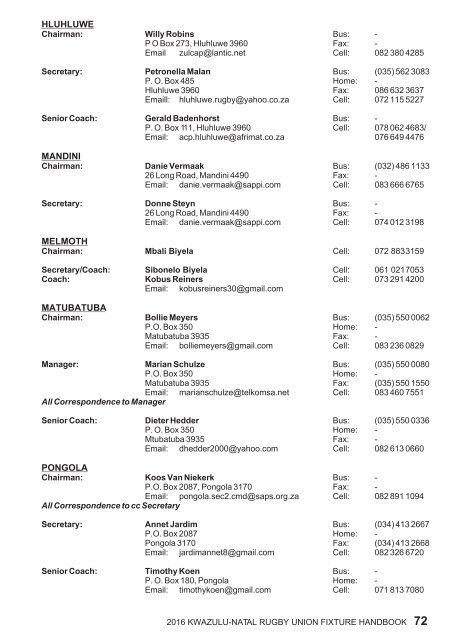 KZNRU FIXTURE HANDBOOK FOR 2016 SEASON