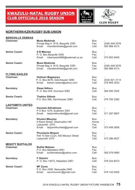 KZNRU FIXTURE HANDBOOK FOR 2016 SEASON