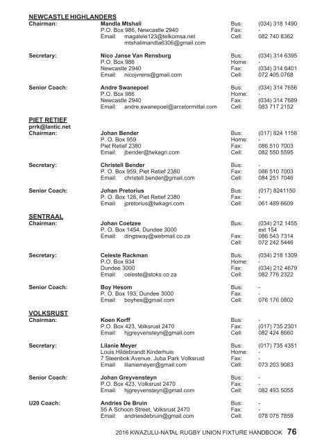 KZNRU FIXTURE HANDBOOK FOR 2016 SEASON